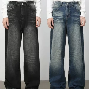 Men's Washed Wide Leg Jeans with Pockets