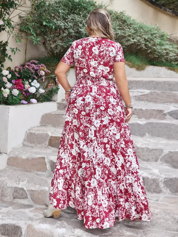 Plus Size Slit Printed V-Neck Maxi Dress - Image 5
