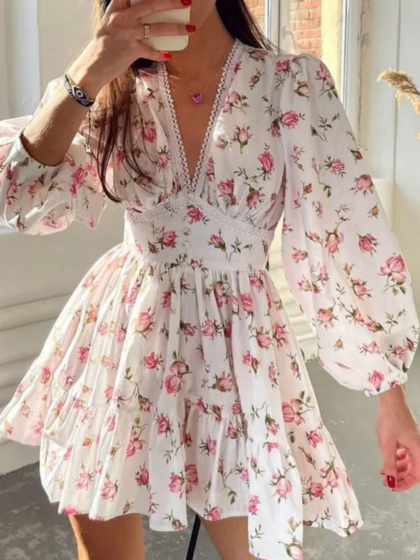 Lace Detail V-Neck Balloon Sleeve Dress - Image 10