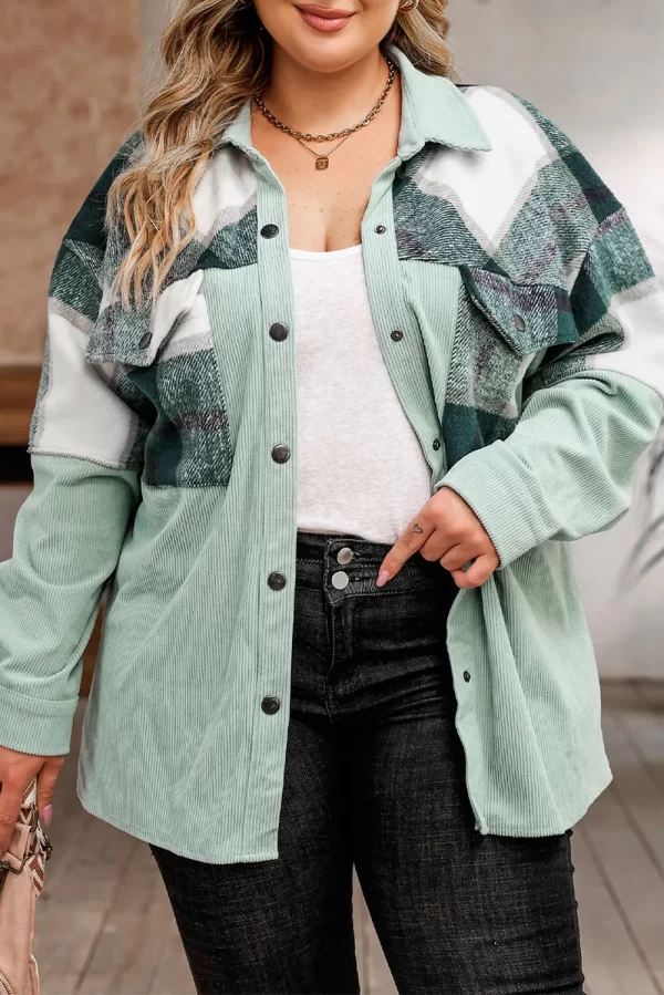 Plus Size Plaid Snap Down Jacket with Pockets - Image 10