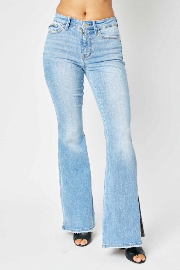 Judy Blue Full Size Mid Rise Raw Hem Slit Flare Jeans - Image 2