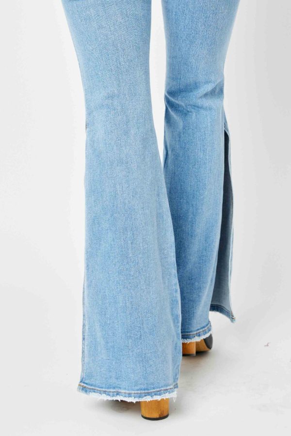 Judy Blue Full Size Mid Rise Raw Hem Slit Flare Jeans - Image 5