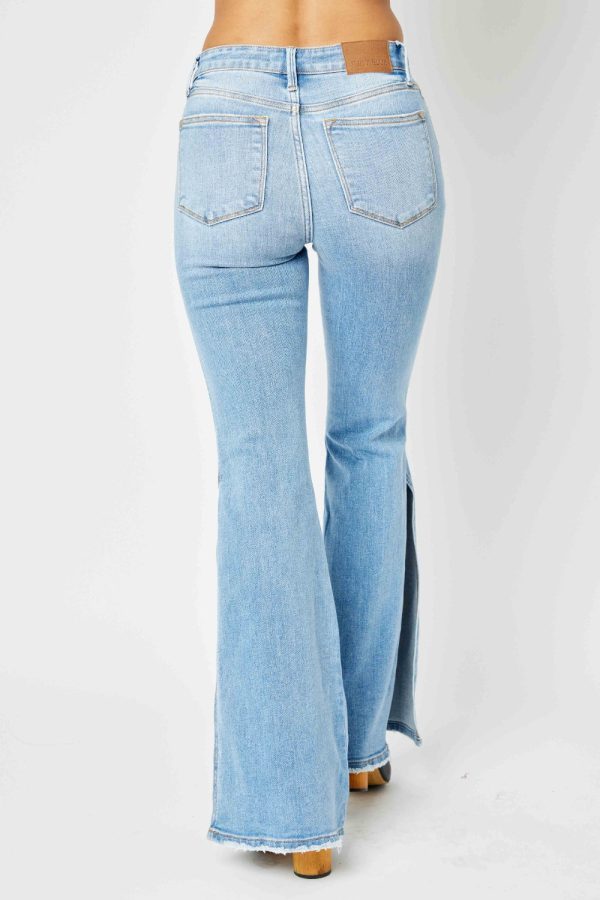 Judy Blue Full Size Mid Rise Raw Hem Slit Flare Jeans - Image 4