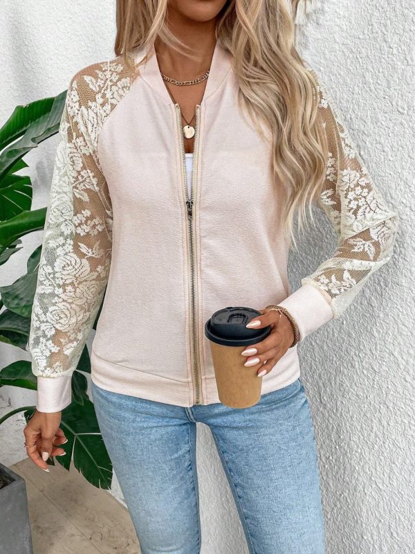 Lace Baseball Collar Zip Up Jacket - Image 4