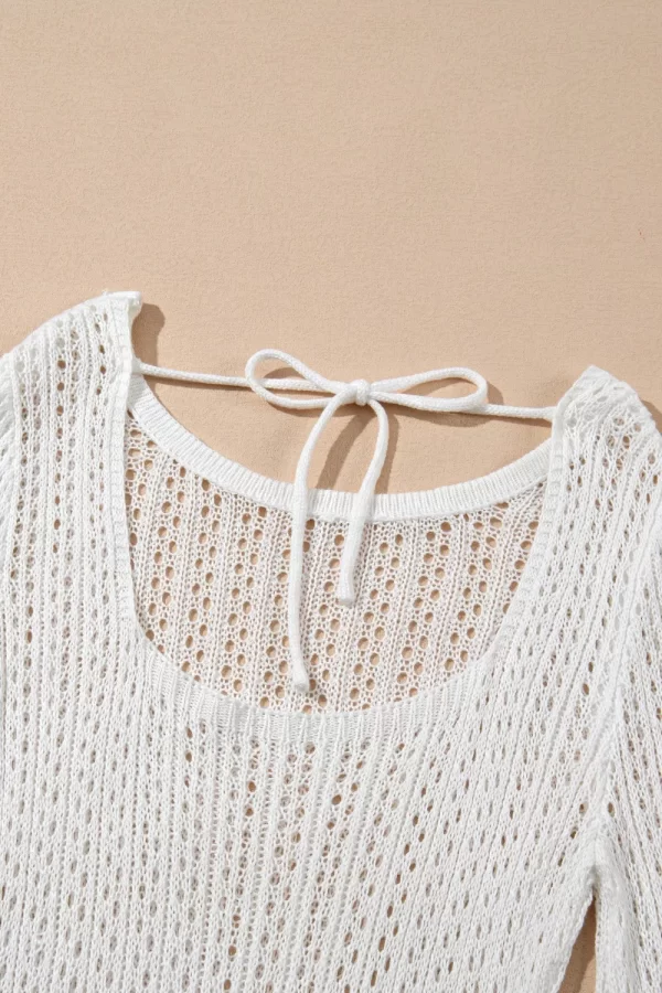Hollow Out Bell Sleeve Drawstring Knit Cover Up Dress - Image 11
