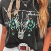 Bull Head Skull Round Neck Short Sleeve T Shirt