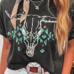 Bull Head Skull Round Neck Short Sleeve T Shirt