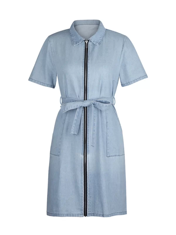 Full Size Zip Front Short Sleeve Denim Dress Plus Size - Image 14