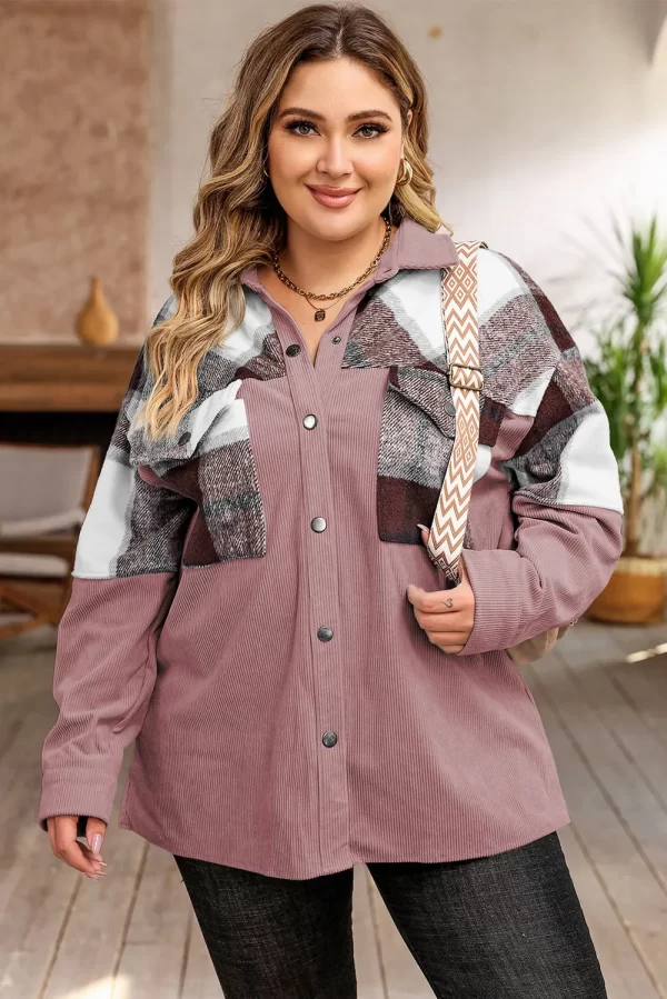 Plus Size Plaid Snap Down Jacket with Pockets - Image 4