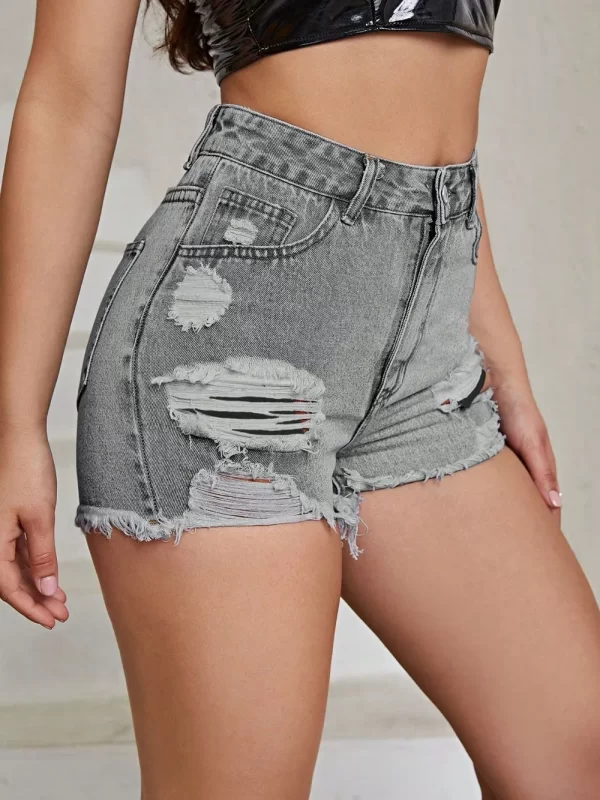 Distressed Raw Hem High Rise Denim Shorts - Image 6