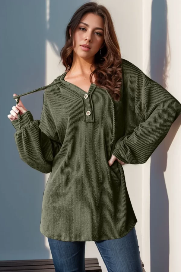 Double Take Full Size Half Button Long Sleeve Hoodie - Image 8