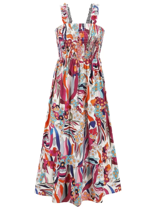 Smocked Printed Square Neck Sleeveless Dress - Image 12