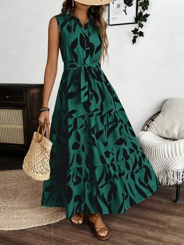 Printed Tie Waist Sleeveless Maxi Dress - Image 14