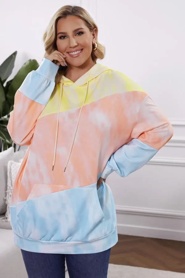 Plus Size Drawstring Color Block Dropped Shoulder Hoodie - Image 5