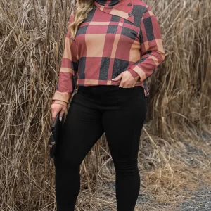 Plus Size Plaid Cowl Neck Long Sleeve Sweatshirt