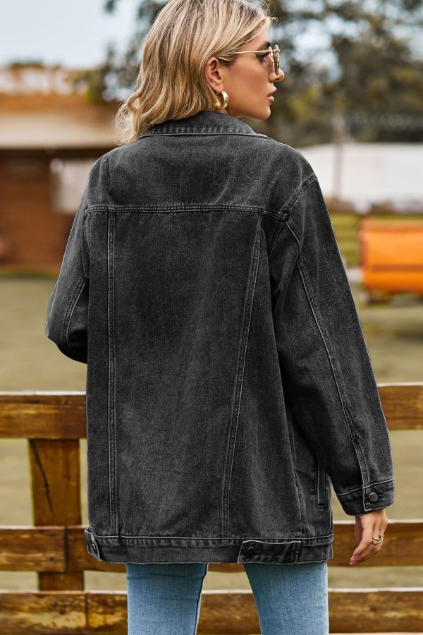 Buttoned Collared Neck Denim Jacket with Pockets - Image 8