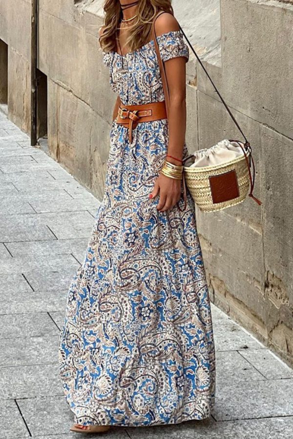 Printed Off-Shoulder Short Sleeve Maxi Dress - Image 4