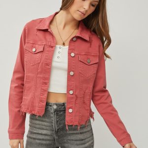 RISEN Full Size Raw Hem Button Up Cropped Denim Jacket Plus Size