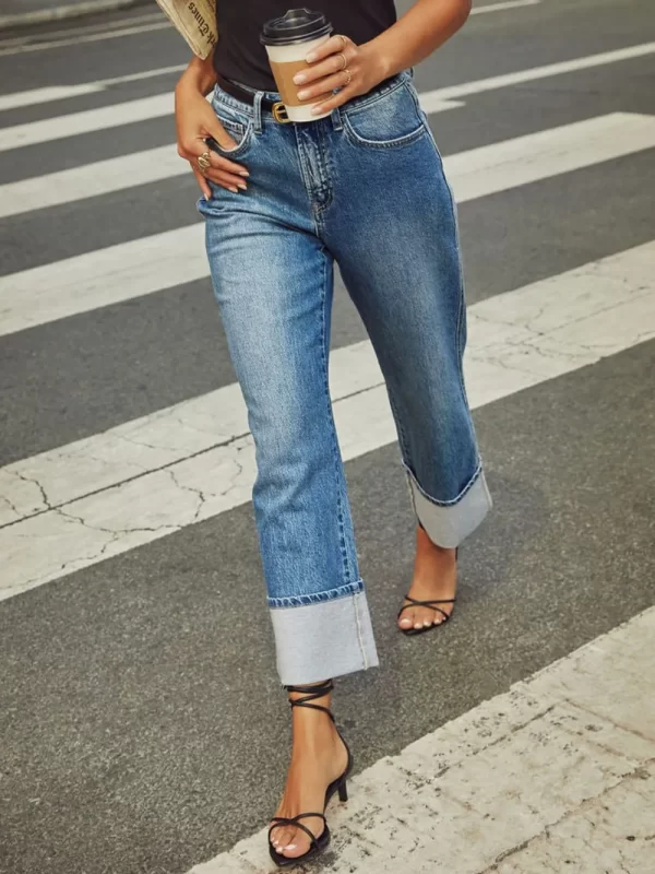 High Waisted Straight Leg Rolled Jeans - Image 18