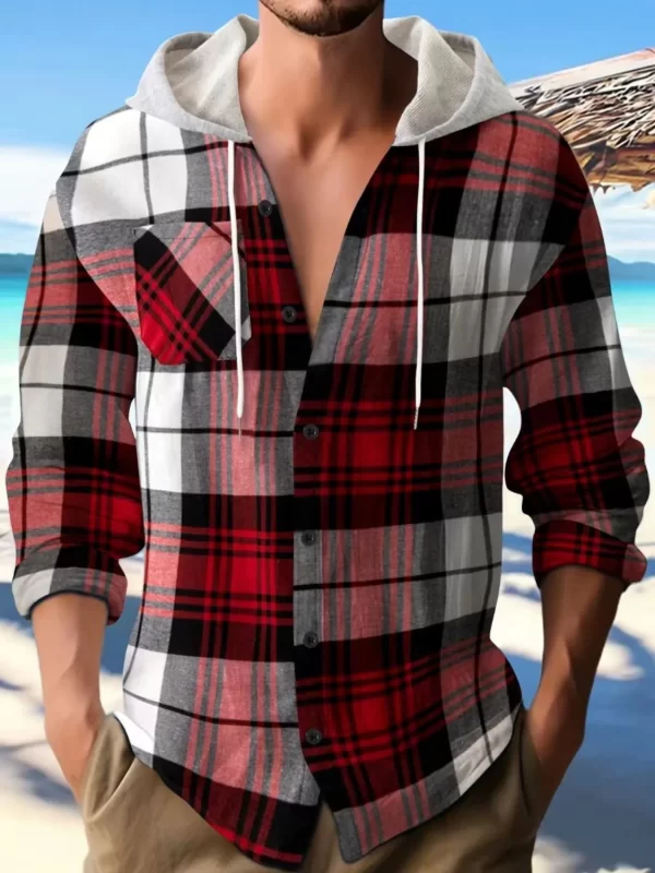 Men's Full Size Plaid Button Up Long Sleeve Hooded Top Plus Size - Image 9