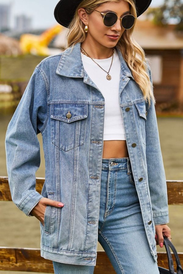 Buttoned Collared Neck Denim Jacket with Pockets - Image 16