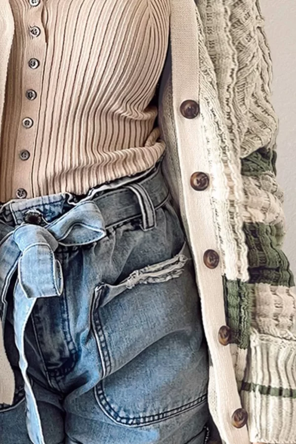Plus Size Striped Button Up Dropped Shoulder Cardigan - Image 2