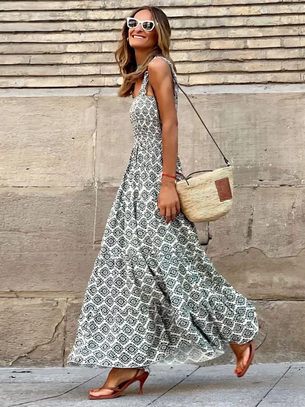 Smocked Printed Square Neck Sleeveless Dress - Image 28