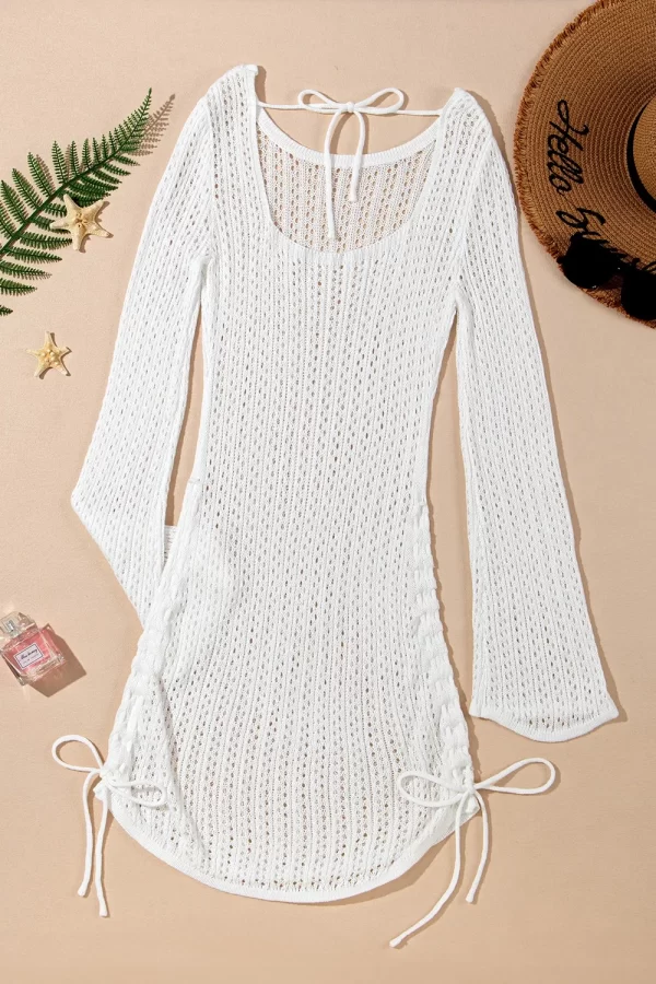 Hollow Out Bell Sleeve Drawstring Knit Cover Up Dress - Image 12