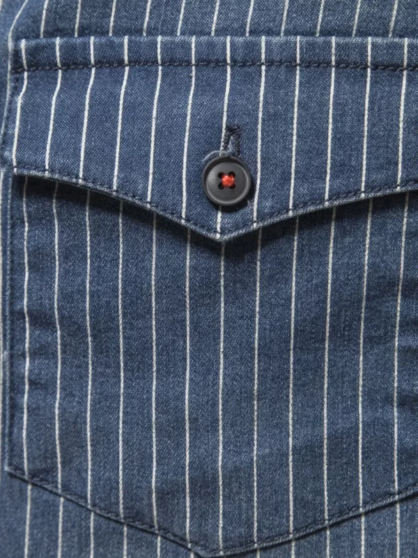 Men's Striped Collared Neck Button Down Denim Shirt - Image 3