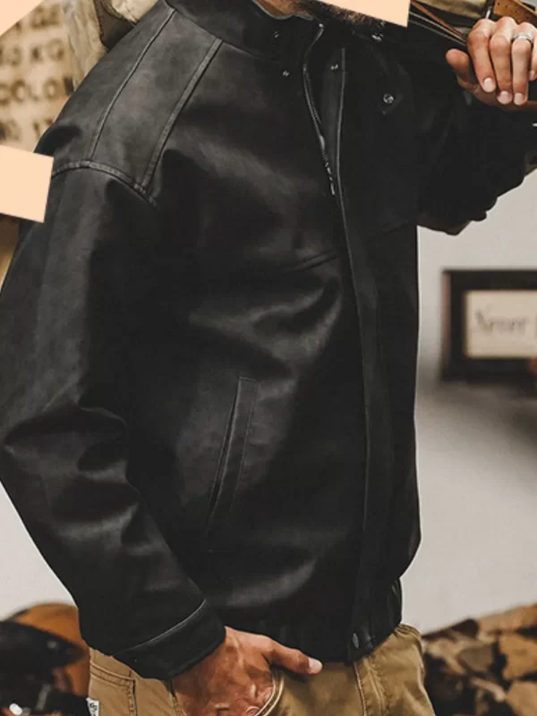 Men's Plus Size Zip Up Stand Collar Biker Jacket - Image 9