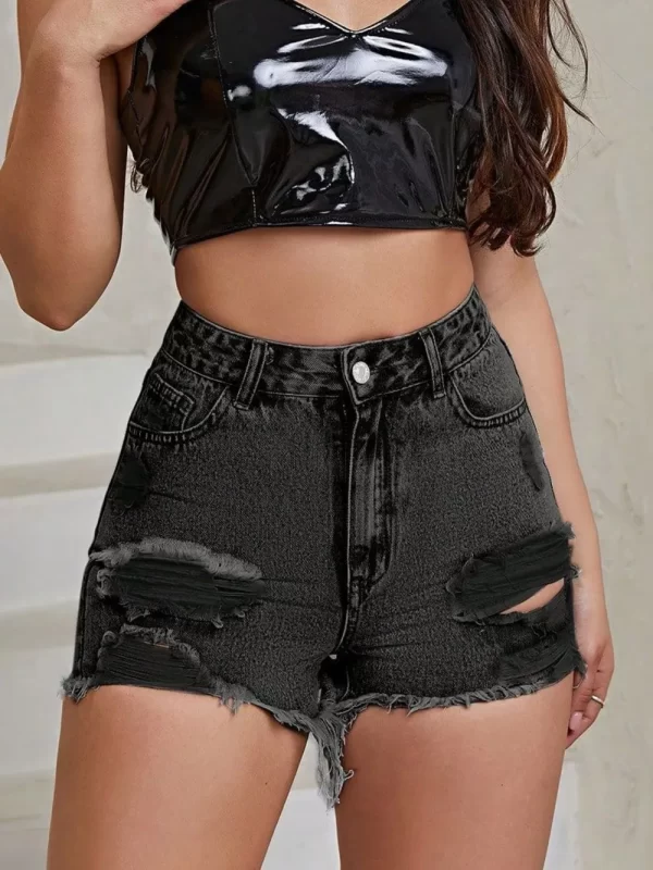 Distressed Raw Hem High Rise Denim Shorts - Image 11
