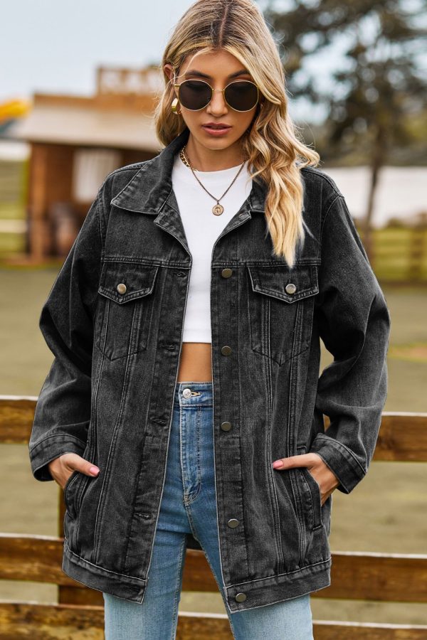 Buttoned Collared Neck Denim Jacket with Pockets - Image 11