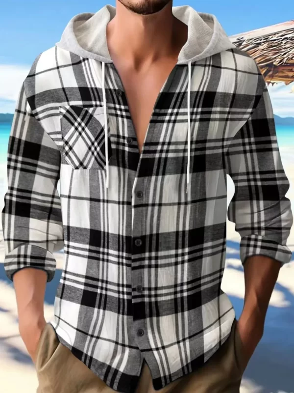 Men's Full Size Plaid Button Up Long Sleeve Hooded Top Plus Size - Image 11