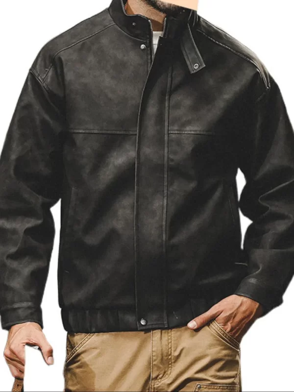 Men's Plus Size Zip Up Stand Collar Biker Jacket - Image 6
