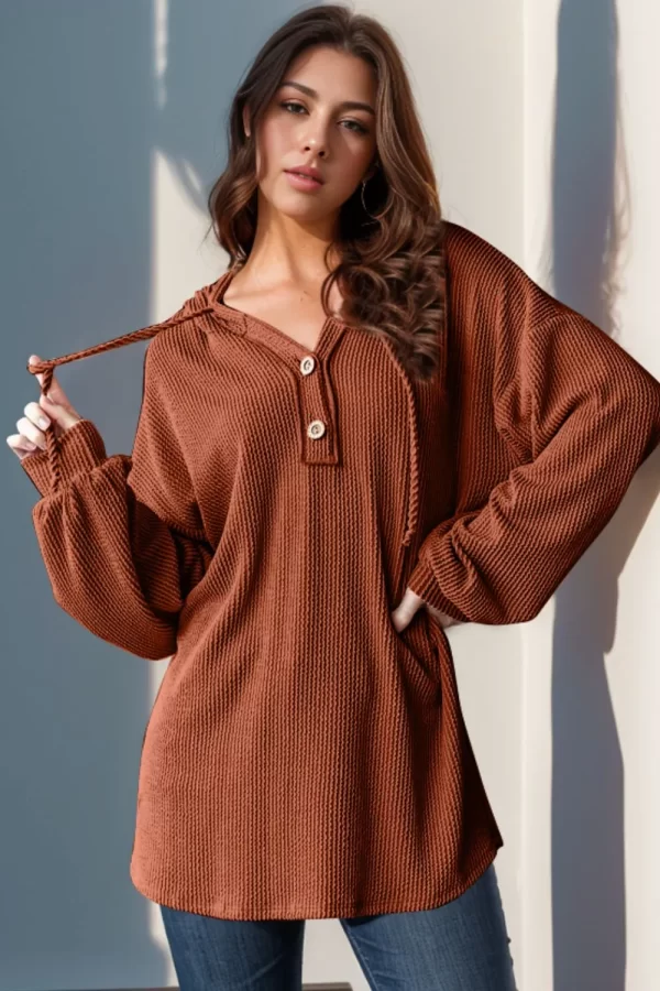 Double Take Full Size Half Button Long Sleeve Hoodie - Image 3