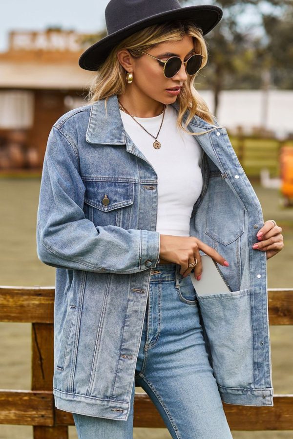 Buttoned Collared Neck Denim Jacket with Pockets - Image 13