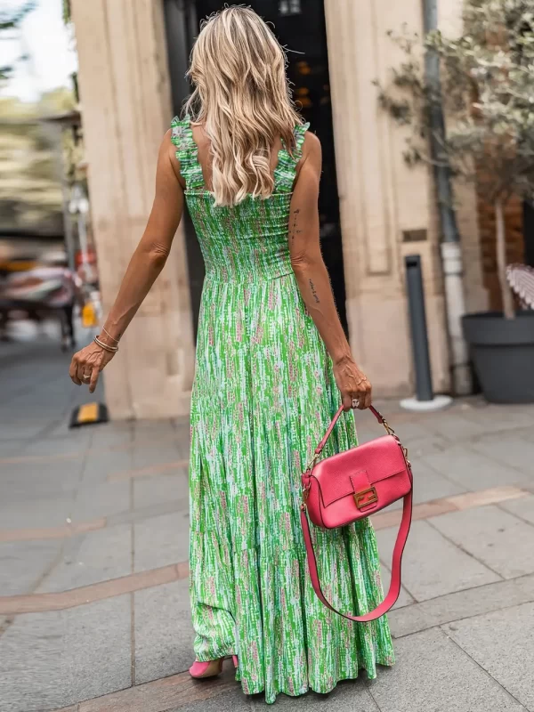 Smocked Printed Square Neck Sleeveless Dress - Image 9