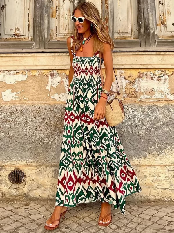 Smocked Printed Square Neck Sleeveless Dress - Image 22