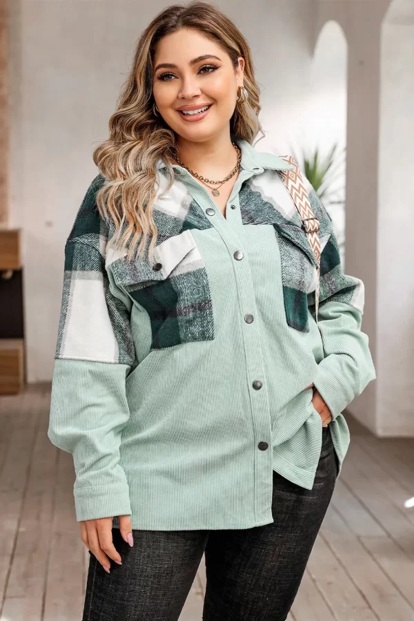 Plus Size Plaid Snap Down Jacket with Pockets - Image 7