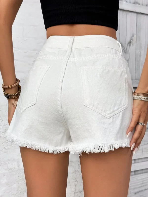 Distressed Raw Hem High Rise Denim Shorts - Image 13