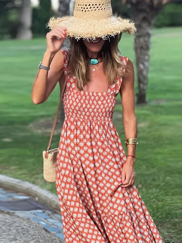 Smocked Printed Square Neck Sleeveless Dress - Image 16