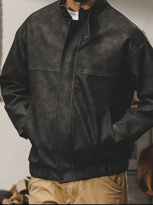 Men's Plus Size Zip Up Stand Collar Biker Jacket - Image 10