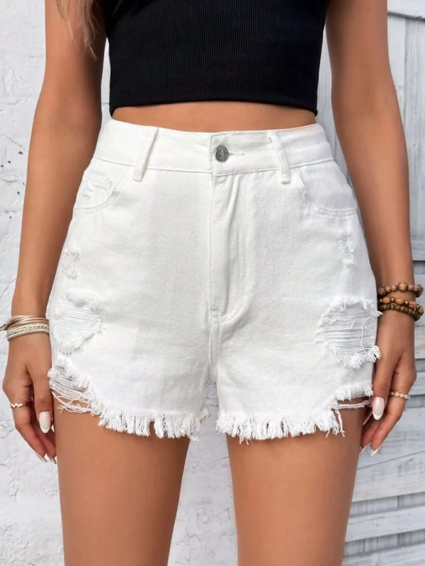 Distressed Raw Hem High Rise Denim Shorts - Image 12