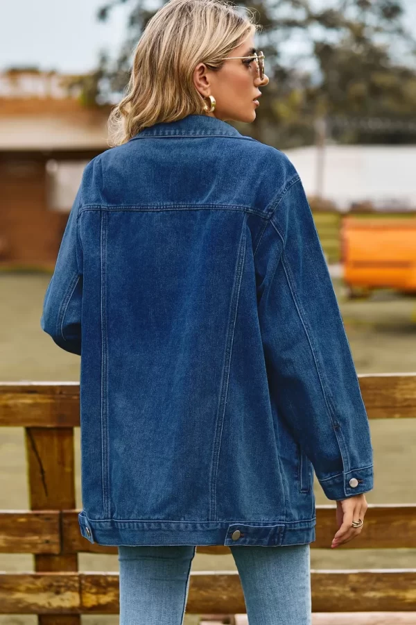 Buttoned Collared Neck Denim Jacket with Pockets - Image 3
