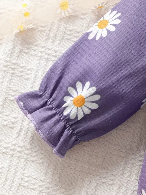 Children's Ruffled Round Neck Floral Romper with Headband - Image 3