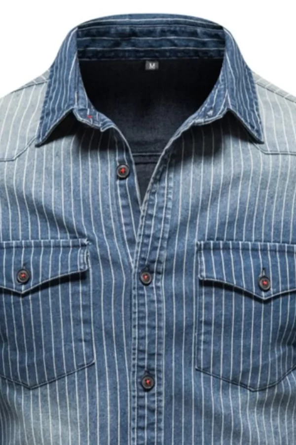 Men's Striped Collared Neck Button Down Denim Shirt - Image 4