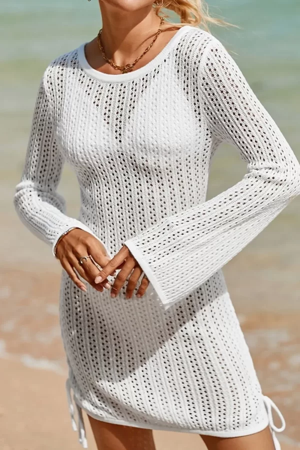 Hollow Out Bell Sleeve Drawstring Knit Cover Up Dress - Image 17