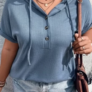 Plus Size Waffle-Knit Half Button Short Sleeve Hoodie