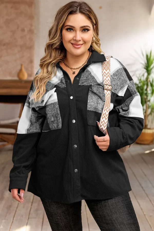 Plus Size Plaid Snap Down Jacket with Pockets - Image 12