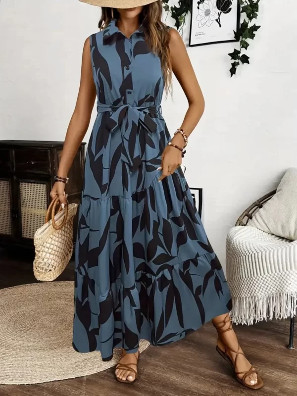 Printed Tie Waist Sleeveless Maxi Dress - Image 7